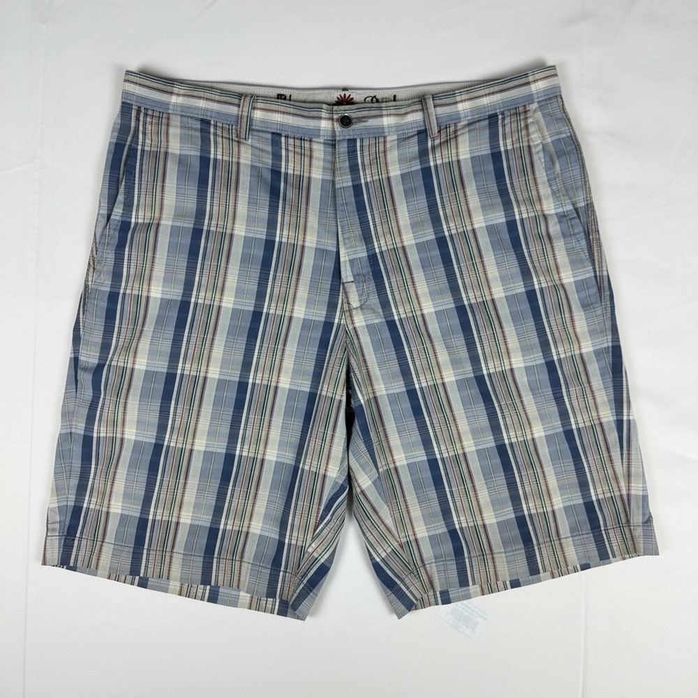 Tommy Bahama‎ Paradise Nation Plaid Shorts Mens 38 Blue Tan Silk Cotton Blend